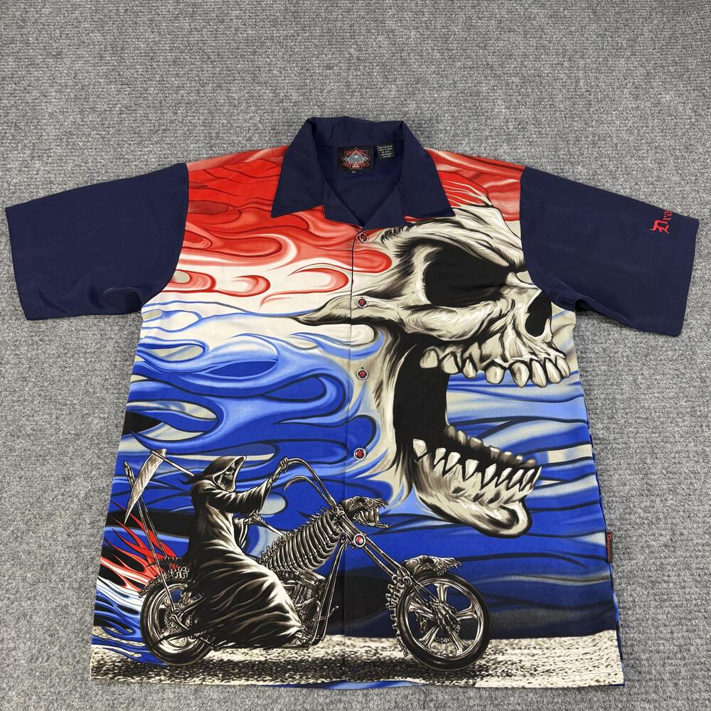 Dragonfly Roadhouse Shirt Mens Large Red Blue Skull Grim Reaper Biker Flames